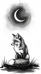 Fototapeta premium Midnight Contemplation: A solitary fox, gazing towards a luminous crescent moon, exudes a sense of introspection and nocturnal mystery.