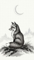 Fototapeta premium Enigmatic Fox under the Moonlight: An elegant fox sits pensively beneath a crescent moon in a serene, subtly shaded forest. A scene of mystical allure.