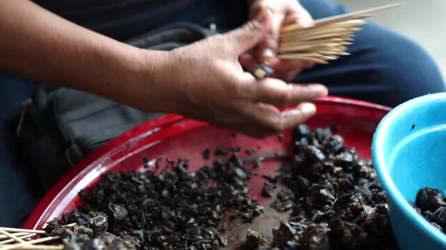 Preparing to make snail satay (Indonesian snail skewers). Skewering the snail meat.