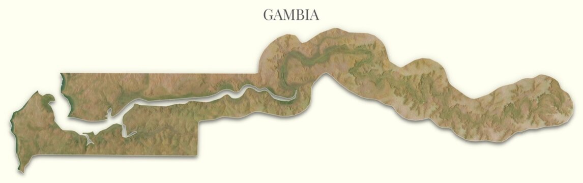 Gambia terrain map. Raster relief illustration of Gambia. Hillshaded physical map. Elements of this image derived from NASA imagery and SRTM dataset.