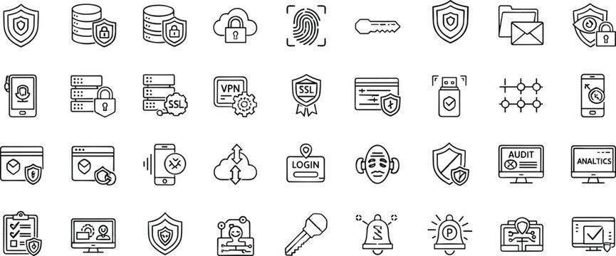 Cyber security and data protection icon set outline style collection for privacy encryption network safety authentication and digital system security vector design