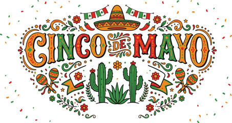Cinco de Mayo colorful decorative typography vector design with Mexican symbols sombrero cactus maracas flags and festive celebration elements © EPS VECOR 