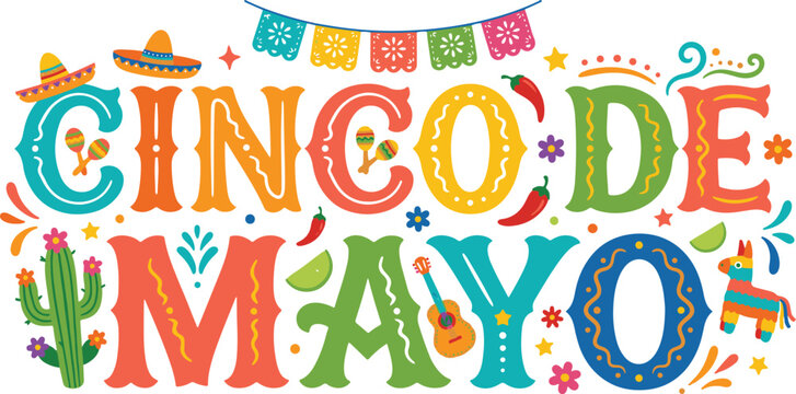 Cinco de Mayo colorful festive typography vector design with Mexican symbols cactus guitar chili pinata flowers and celebration elements