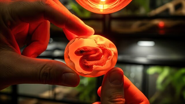 Baby Snake Hatching Inside Egg Held by Human Hand Under Red Heat Lamp