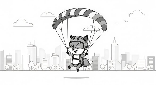 A monochrome illustration of a smiling cartoon fox in a helmet, descending via parachute above a city