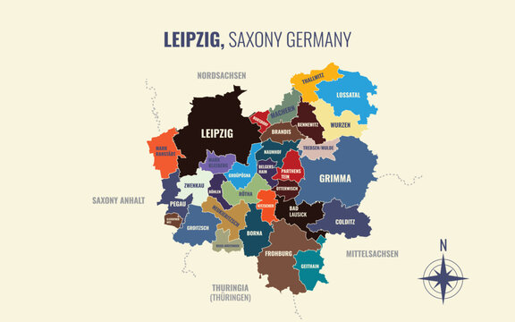 A map showing Leipzig SN Kreise into Gemeinden in a minimalist colorful style