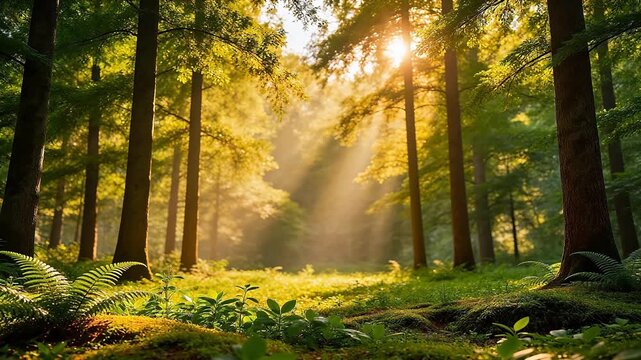 Sunlit forest with tall trees and greenery
