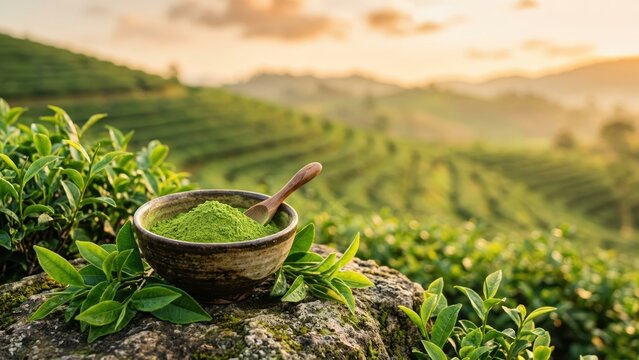 Matcha tea powder in bowl, fresh leaves, overlooking beautiful green tea plantation at sunrise