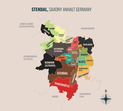 A map showing Stendal ST Kreise into Gemeinden in a minimalist colorful style