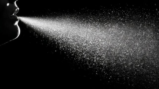 Side profile of a mouth releasing a cloud of tiny droplets against a black background, illustrating airborne particles for concepts in health, hygiene, or respiratory science.