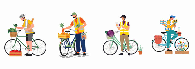 Fototapeta premium Flat Vector Illustration of Delivery Men on Bicycles Carrying Fresh Groceries, Vegetables, Fruits, and Flowers in High-Visibility Vests