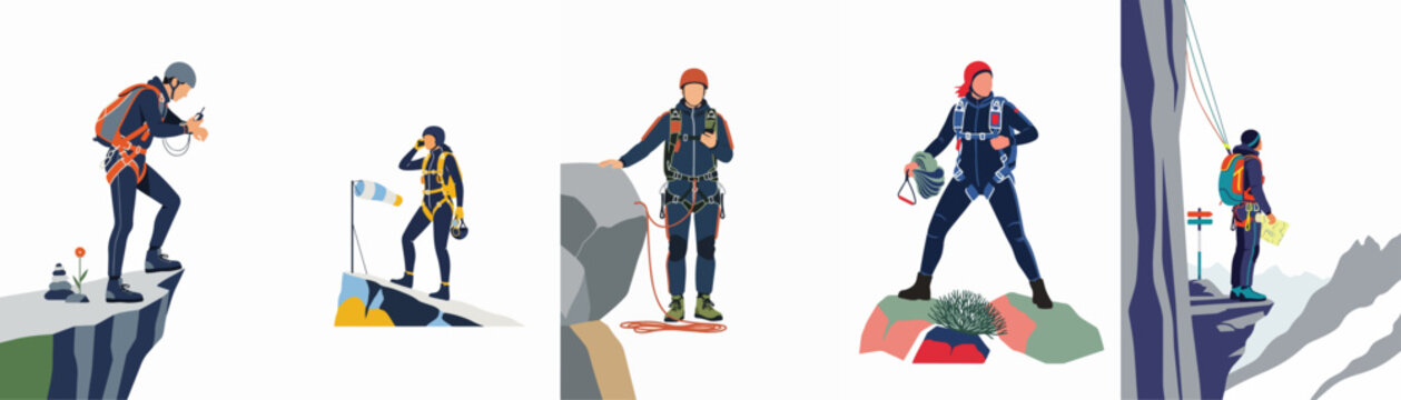 Vector illustration collection of diverse people engaged in extreme outdoor sports like mountain climbing, base jumping, and paragliding on rocky high cliffs.