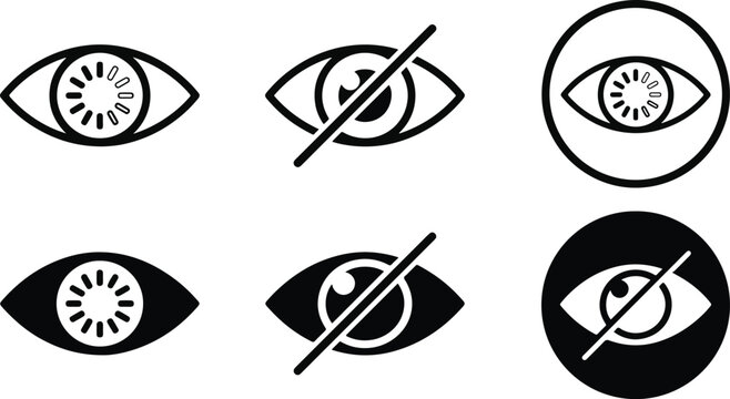 Eye visibility and privacy icon set outline solid and glyph style collection for view hidden access security and user interface design vector illustration