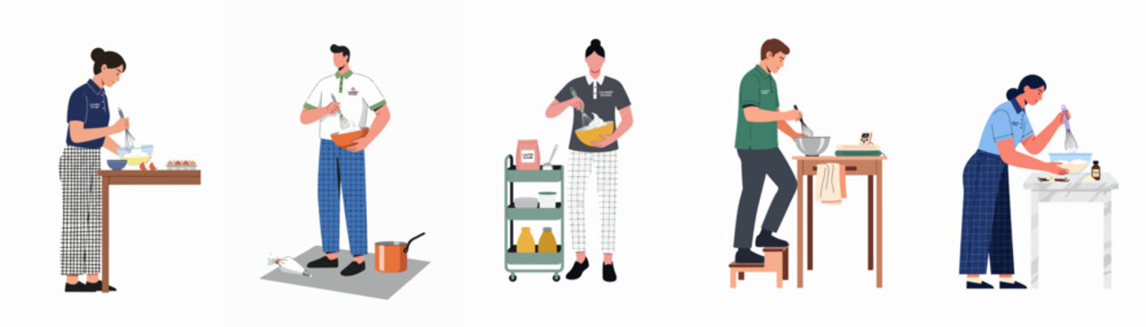 Flat vector illustration set of diverse culinary school students whisking ingredients and preparing recipes isolated on a white background.