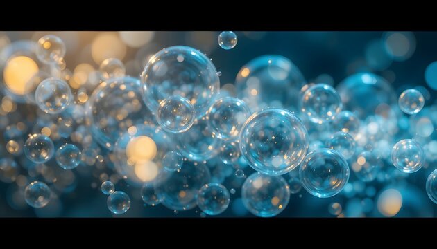 A mesmerizing array of shimmering blue bubbles floating in mid-air with warm light.