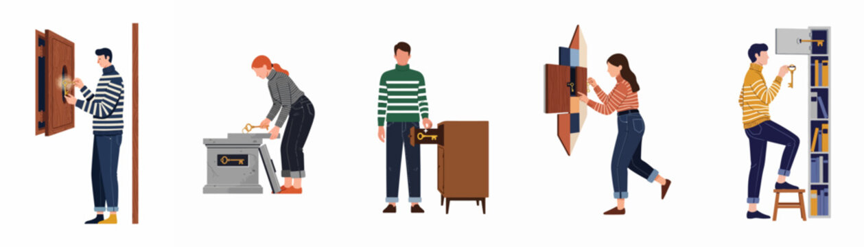 Illustrations of people unlocking hidden safes, doors, and drawers with keys, symbolizing discovery, security, and finding secret solutions in various situations.