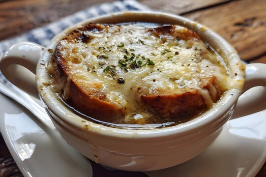 Close-up shot of a white dish of Cozy Crockpot French Onion Soup on a wooden table in natural sunlight