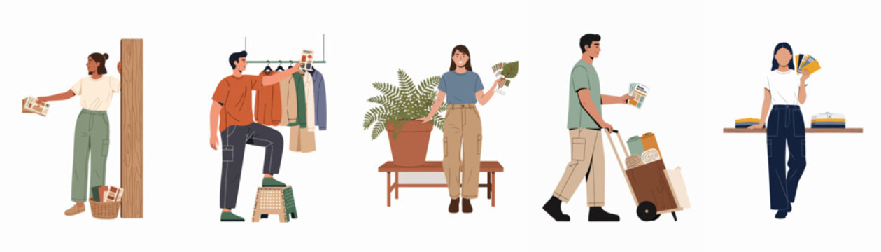 Set of diverse characters working in retail and interior design, handling inventory, organizing clothing racks, and managing store displays.