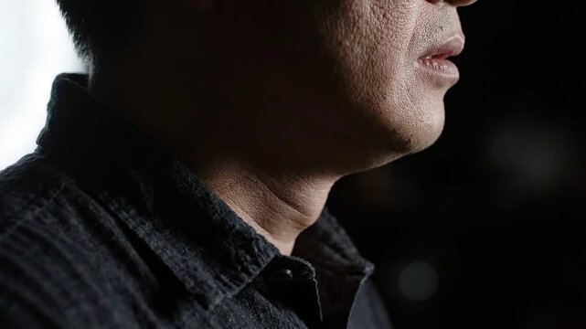 Close up of mouth and neck showing subtle nervous tension