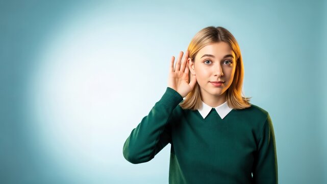 Young woman listening intently with hand to ear on blue background