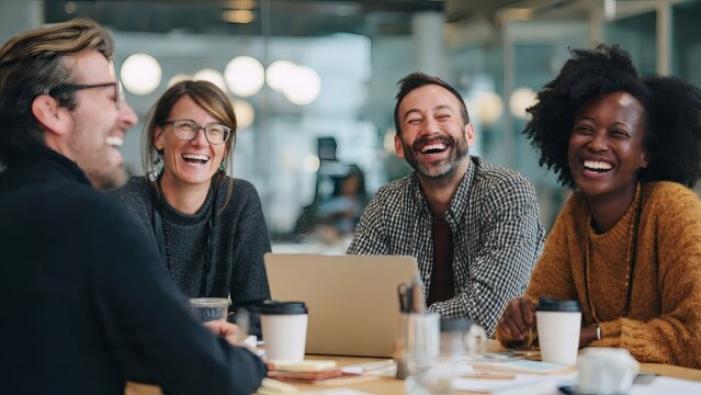 A lively group of colleagues sharing a moment of genuine laughter and joy during a meeting, fostering a positive and collaborative work atmosphere around a conference table.