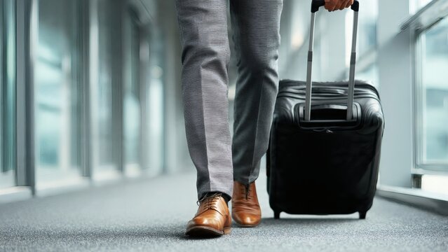 Businessman walks through an airport terminal while pulling a rolling suitcase toward his next business destination.