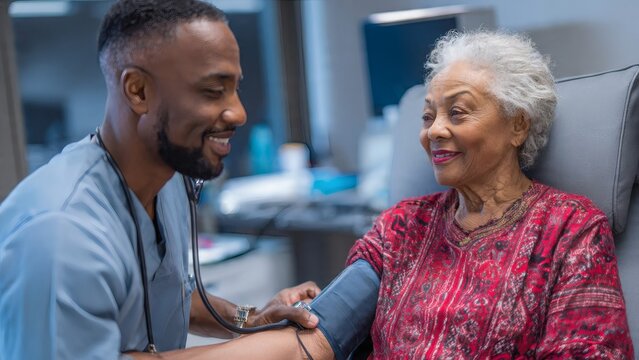 Doctor checks the blood pressure of an elderly female patient during a routine medical examination in a clinic setting.