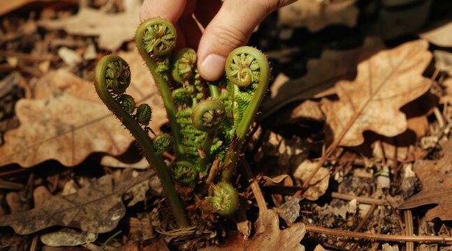 Young fiddlehead ferns unroll on forest floor among dry leaves. Hand gently touches new plant growth. Captures spring rebirth in nature cycle.