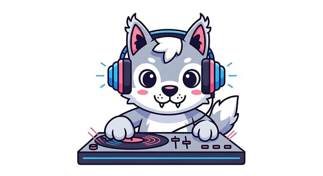 Adorable cartoon wolf DJ, wearing headphones, mixing music on a turntable with pink blushing cheeks. Isolated white background