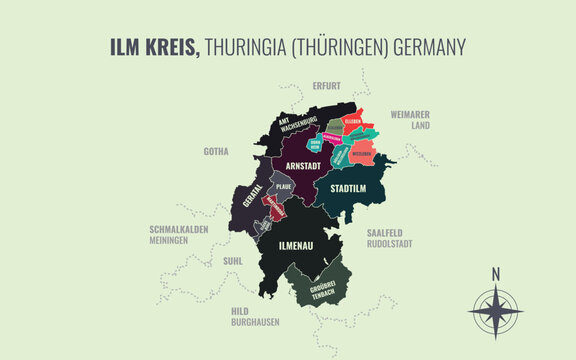 A map showing Ilm Kreis TH Kreise into Gemeinden in a minimalist colorful style
