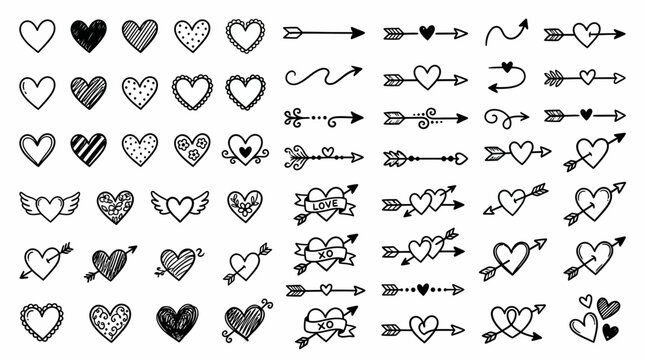 Cute pen line doodle element collection heart arrows