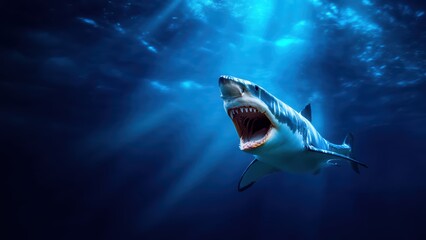 Obraz premium Dynamic underwater shot of a powerful great white shark with menacing open jaws