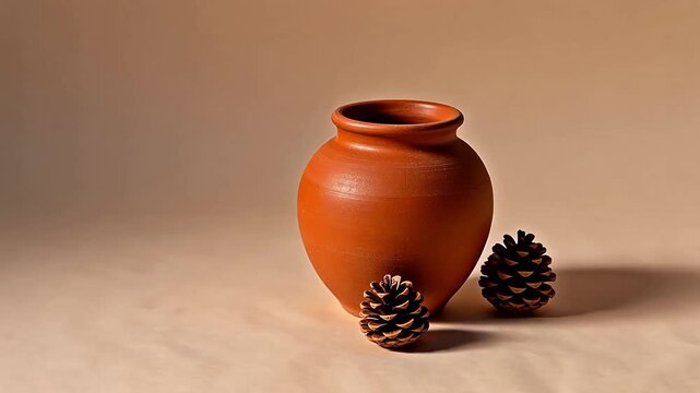 Terracotta pot with pinecones