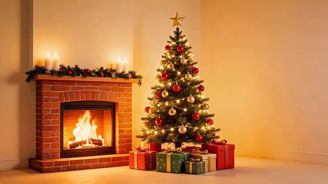 Christmas tree with fireplace and gifts