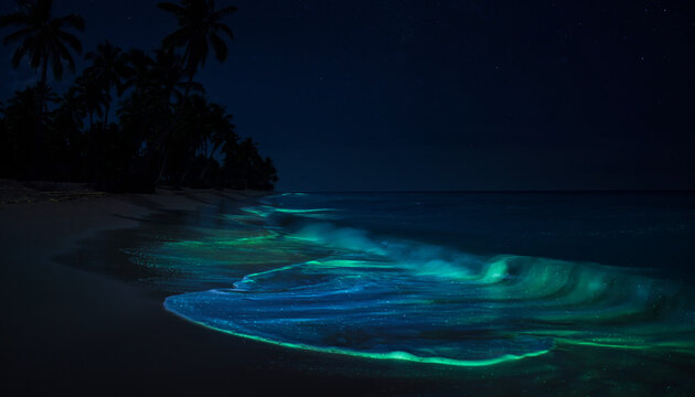 Glowing ocean waves on tropical beach