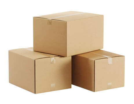 Three brown cardboard shipping boxes stacked together isolated on a plain white background surface