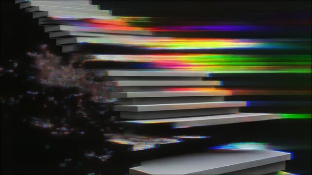 デジタルノイズに侵食される立体階段のグリッチ抽象背景