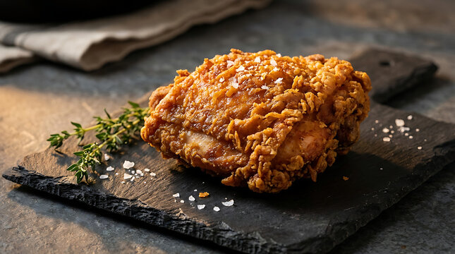 A golden brown crispy fried chicken thigh seasoned with salt and served on a dark slate board with rosemary