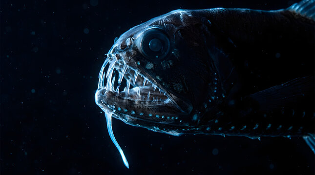 Deepsea dragonfish swimming in dark ocean habitat. Suitable for marine biology articles, deepsea exploration websites, and educational materials.