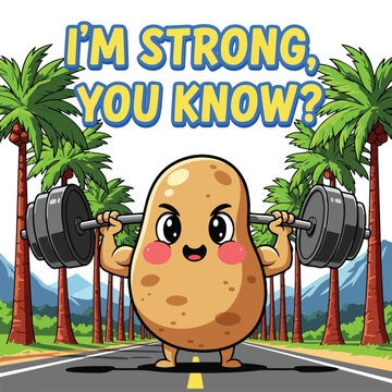 Funny potato character lifting weights vector, strong vegetable mascot with barbell, cartoon potato bodybuilding on tropical road with palm trees