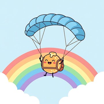 A smiling, cartoonish pancake with a backpack descends from a blue parachute against a rainbow and fluffy clouds in a bright sky