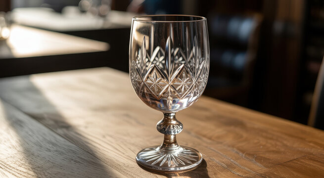 A single empty crystal wine glass with intricate cut patterns standing on a wooden table