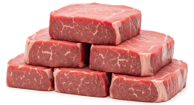Stack of raw beef cubes on white background