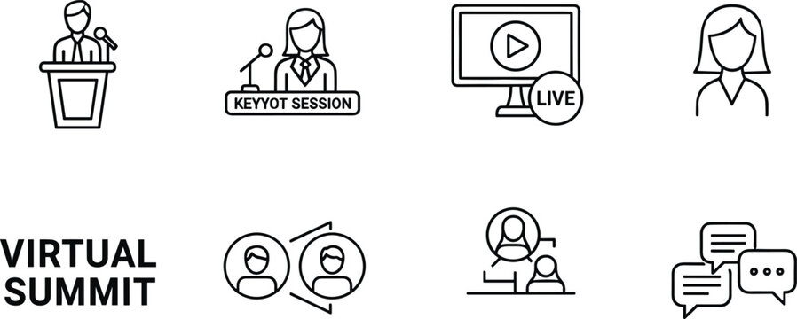 Virtual summit online conference webinar keynote session live streaming speaker audience communication line icon set vector collection