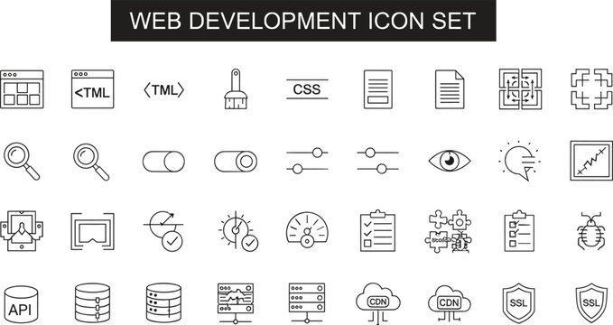 Web development icon set vector with HTML CSS API database cloud CDN SSL coding programming line outline symbols collection