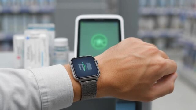 Hand Holding a Card Near an NFC Reader in a Pharmacy