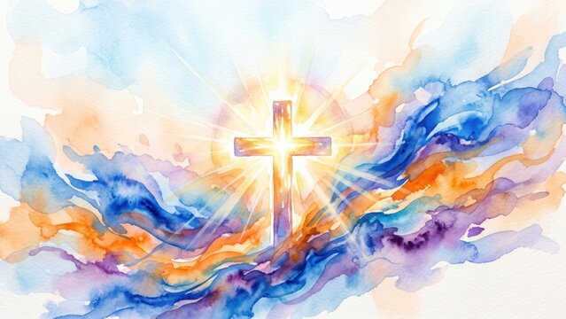 Glowing spiritual cross in colorful watercolor abstraction, representing hope and divine light