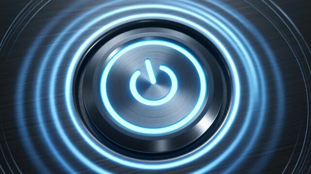 Futuristic Power Button with Glowing Blue Light Energy Ripples