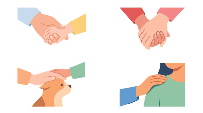 Illustrations depicting various forms of human connection, support, and care, including shaking hands, holding hands, petting a dog, and a comforting touch on the shoulder.