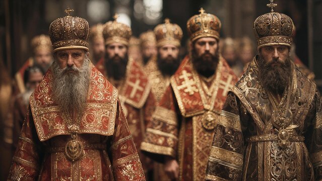 orthodox clergy procession in red and gold vestments